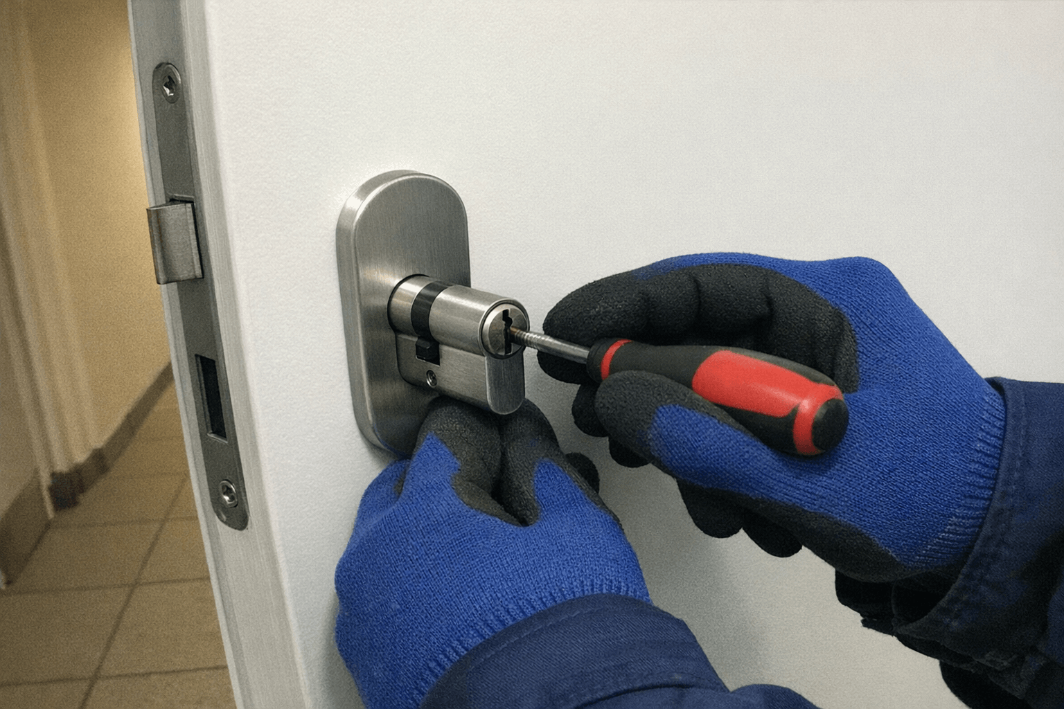 Moderner Schließzylinder wird fachgerecht in die Haustür montiert.